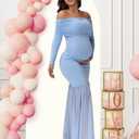 Maternity Long Sleeve Off Shoulder Baby Shower Dress Party Mesh Paneled Split Maxi Photography Gown for Photoshoot (Blue, M)