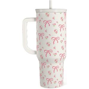 SANDJEST Bow Tumbler with Handle 40oz, Stainless Steel Insulated Tumblers Coffee Travel Cup with Slider Straw Lid, Gifts for Women Teen Girls Birthday