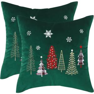 Tosleo Christmas Pillow Covers 18x18 Set of 2 Xmas Trees with Snowflake Embroidery Throw Pillow Covers Christmas Dec Velvet Pillowcases Forest Green Cushion Pillow Cases Soft Square Holiday Pillowcase (Xmas Trees Green)