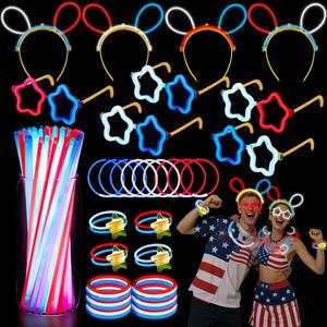 LUKBERA 212pcs Glow Sticks Bulk Party Supplies, Glow in the Dark Eyeglasses Bracelets Headbands Red White Blue Glow Sticks for Wedding Birthday Halloween 4th of July Party