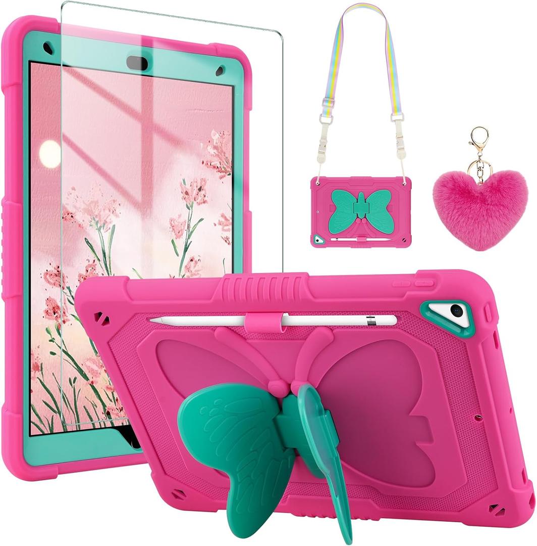WESADN for iPad 9th Generation Case 8th 7th Gen 10.2 inch with Screen Protector/Butterfly Kickstand/Lanyard/Keychain Rugged Case with Pencil Holder for Kids Girls Cover for iPad 10.2 Case Rose Red