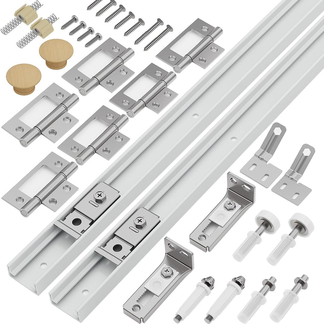 Closet Bifold Door Hardware & 48 Inch Track 2-Pack Kit, 4 ft Bi Folding Puerta Repair Replacement Kit for Bedroom Laundry, with 4 foot Rail Floor & Top Bracket Pivot Pin Guide Roller Hinge Knob