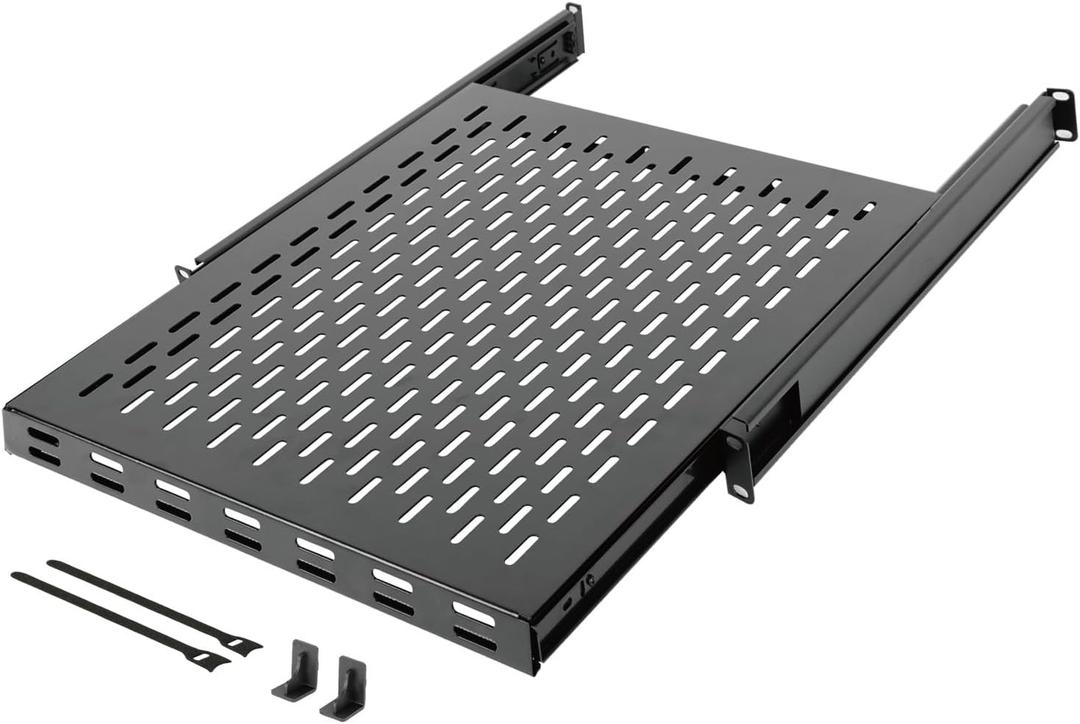 Tecmojo 1U Sliding Rack Shelf,4-Post Vented Rack Mount Shelf,21.7in Deep with Adjustable Mounting Depth 21.7-35.4in,Supports to 110lbs,for 19 Inch AV/Network Equipment Rack,Unassembled,Black