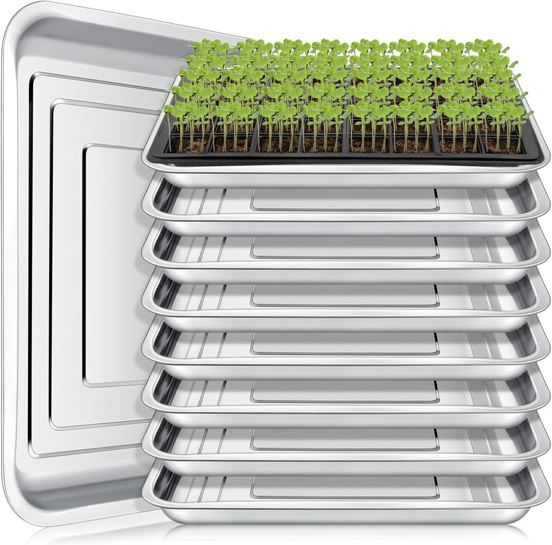 FillTouch 10 Pcs Stainless Steel Seed Starter Tray, Stainless Metal Garden Trays, Nursery Seedling Pots for Collection Transplantation & Propagation Flats, No Drain Holes(15.8 x 11.8 x 1.4 Inch)