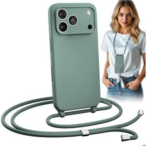 Blaspins Crossbody Lanyard Strap Case for iPhone 17 Pro Max, Hands-Free Neck Cross Body Wrist, Adjustable Rope Removable, Drop Protection Silicone Case 6.9 inch, 150 cm Strap, iP17PM - Pine Green