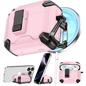 Pohgelan Compatible with AirPods 4 Case,Magnetic Automatic Lock with Phone Stand & Cleaning Kit,Compatible with Magsafe,Carbon Fiber Texture Cover -Pink