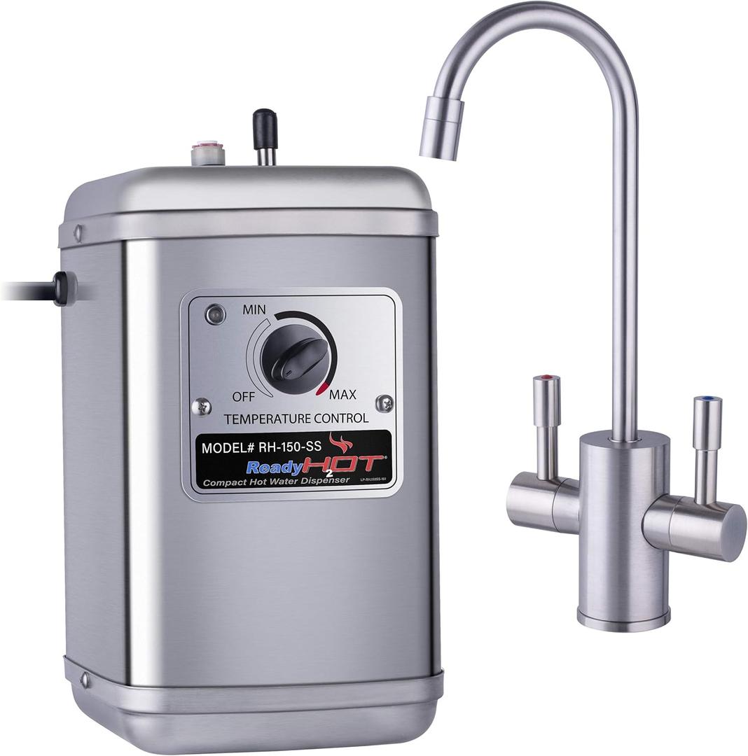 Ready Hot Compact Instant Hot Water Dispenser, Stainless Steel Tank, Wall Mounted, Adjustable Temperature Control, Includes Hot and Cold Dual-Lever Faucet with Brushed Nickel Finish, 41-RH-150-F560-BN