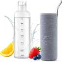 Reusable Borosilicate Glass Water Bottle 16 oz with Sleeve  Slim, Clear, Leakproof Bottle with Time Marker  BPA-Free, Double-Walled, Wide Mouth, for Hot or Cold Drinks, Motivational Gift (Clear)