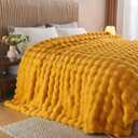 Lotus Karen Faux Fur Throw Blanket Ginger Yellow - Big Bubble Rabbit Fluff Blanket for Couch Bed Sofa,Softest Fluffy Fuzzy Cozy Blanket,Thick Furry Plush Shaggy Warm Blankets for Women,90x90 Inches