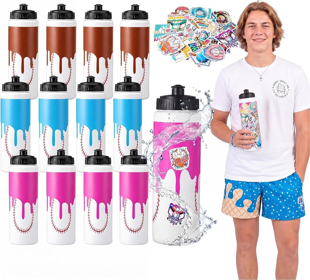 Baseball Drip Ice Cream Water Bottle with Stickers, Youth Baseball School Sports Water Bottles for Party Favor, Reusable Cups with DIY Sticker Pack for Team Gifts, Birthday Party