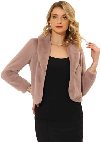 Allegra K Women's Fur Coat Fasion Winter Open Front Cropped Jacket Lapel Long Sleeve Fluffy Faux Fur Coat L
