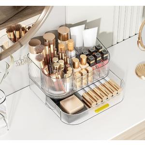 Delamu Makeup Organizer for Vanity with Stackable Drawers, 360 Rotating Makeup Brush Holder Large Cosmetic Display Case for Dresser, Bathroom Countertop Skincare Organizers and Storage, Crystal Clear