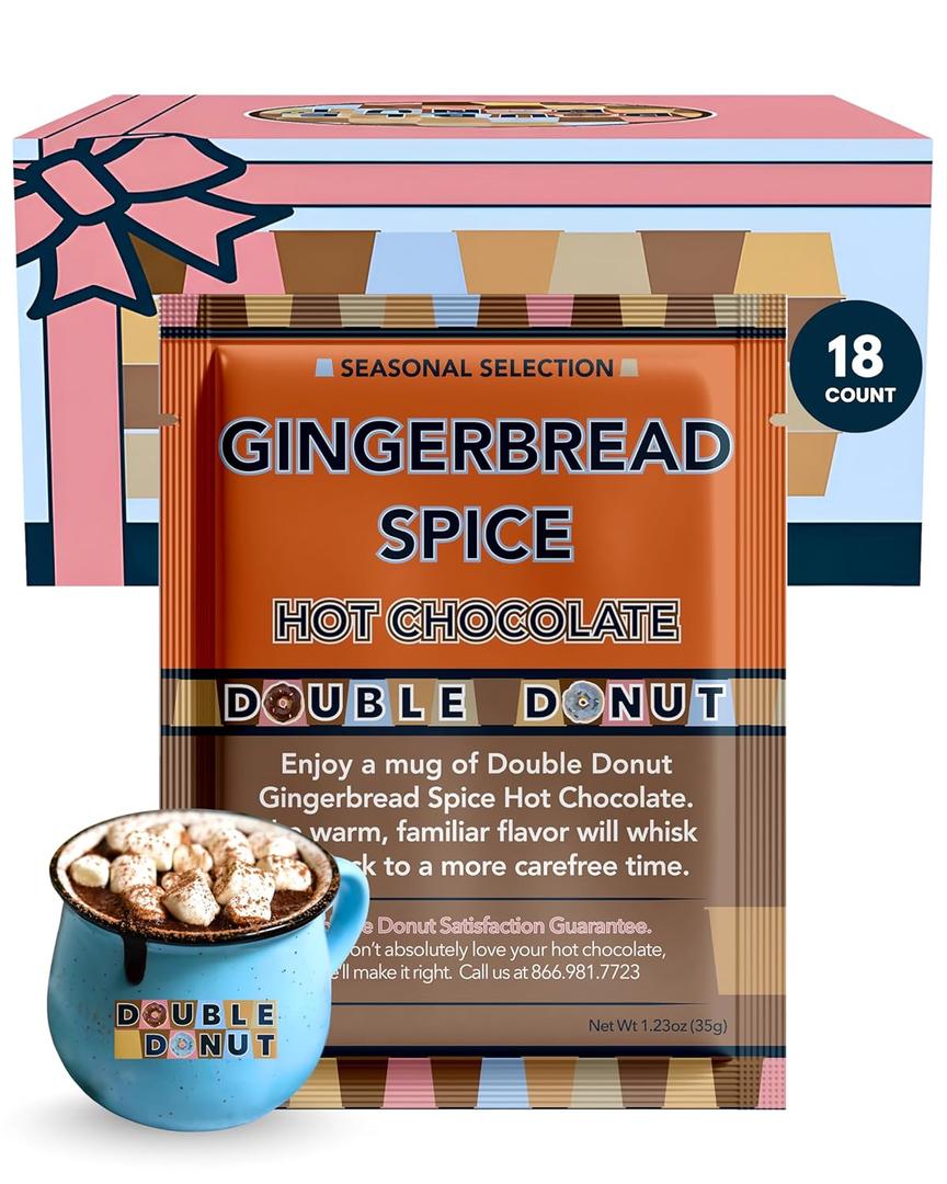Double Donut Coffee Gingerbread Spice Hot Chocolate Mix Packets, Flavored Gingerbread Hot Cocoa Mix, 18 Count (EXP 03/17/27)