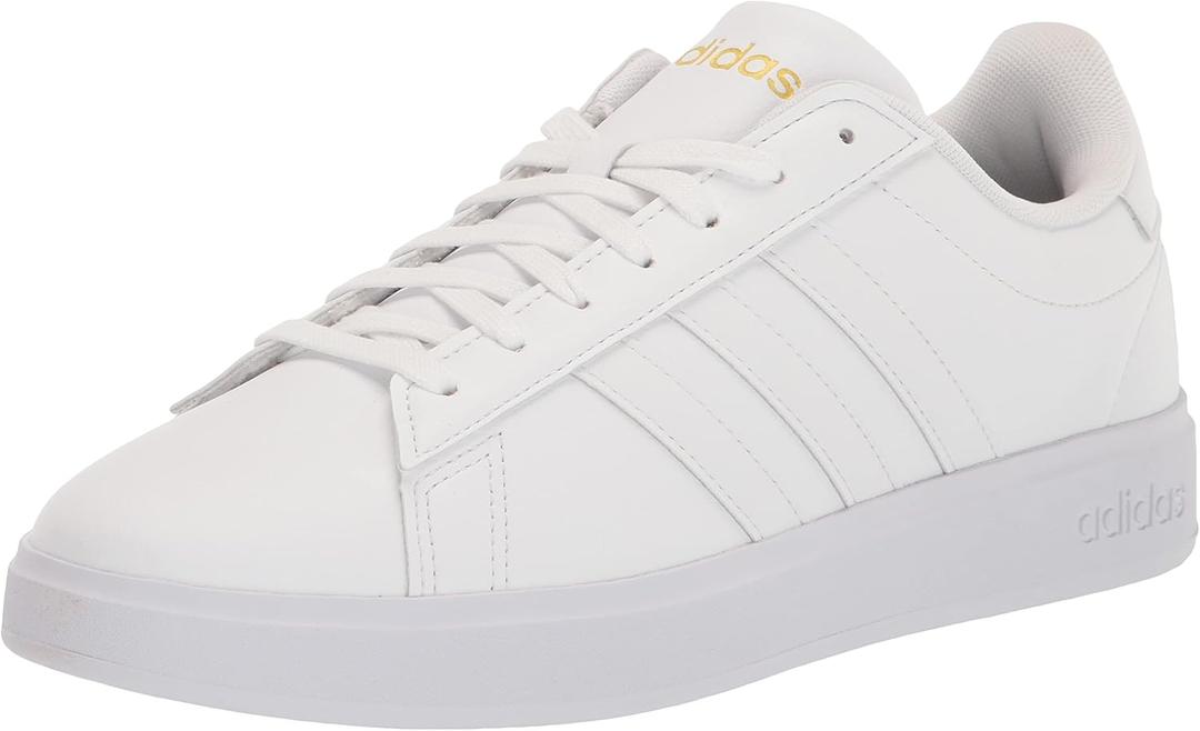 adidas Women's Grand Court 2.0 Tennis Shoe (9, White/White/Gold Metallic)