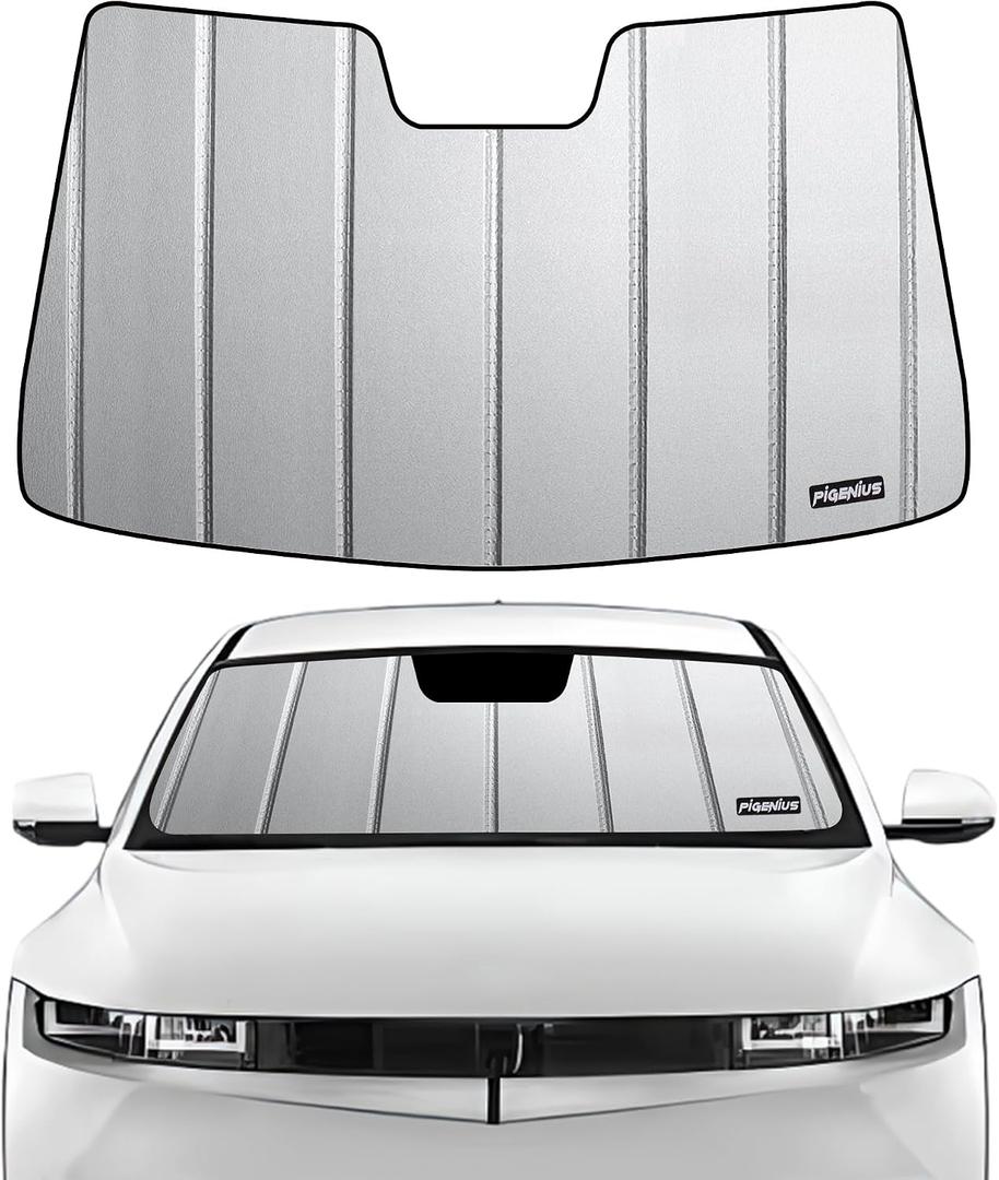 Pigenius Custom Fit Windshield Sunshade for Hyundai Ioniq 5 2022-2025 EV Crossover NE, NOT for Ioniq 6, Premium Grey Leather Finish