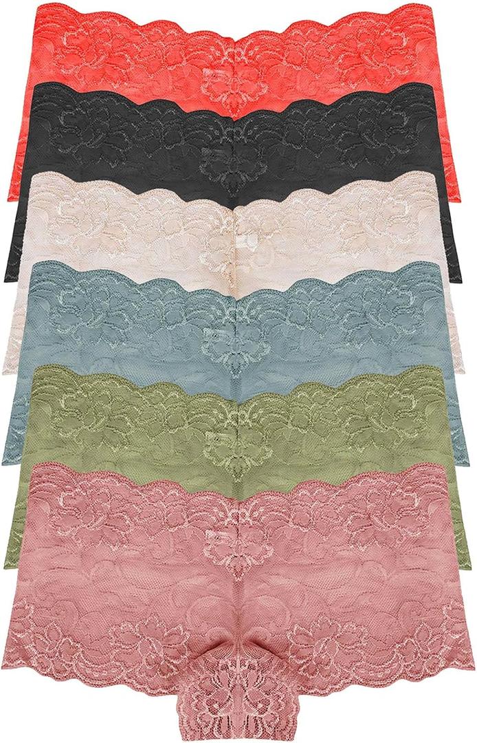 RUNYA Womens Lace Boyshort Panties Lingerie Underwear Briefs, Pack of 6 (Large)