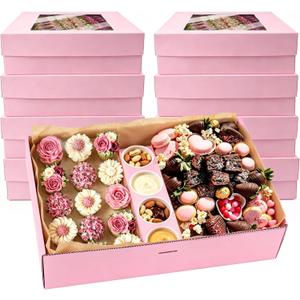 Pastry Serving Box Cardboard Heavy Duty 8PK, Assorted Food Platter Box w/Lid Indoor Outdoor for 5-8 People, Stably Filled Catering Trays w/Lid for Gift(15"x10"x3.5" Pink)