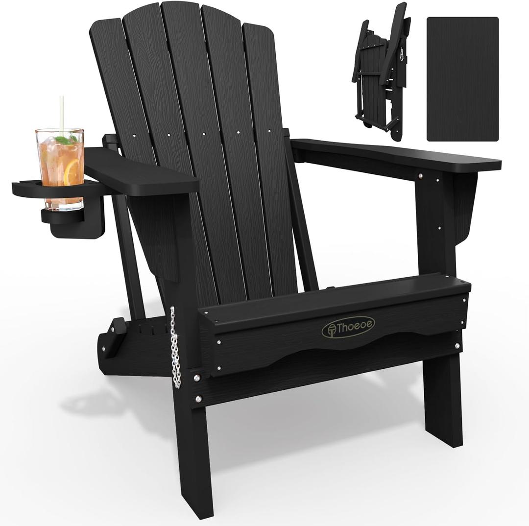 THOEOE Folding Adirondack Chair,HDPE All-Weather Outdoor Chair with Cup Holder,Wooden Textured,Fire Pit Chair,Plastic Patio Chair for Deck,Backyard,Garden,Lawn, Black (28.74"D x 29.65"W x 34.25"H)