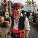 5PCS Pirate Costume Accessories Set for Men Halloween Pirate Hat Tricorn Hat, Bandana, Sash, Eye Patch, Necklace (Red)