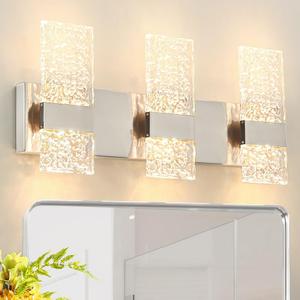 Modern Brushed Nickel 3 Lights Bathroom Vanity Light, Eleglant Nickel LED Bathroom Light Fixtures over Mirror, Dimmable Acrylic Shade Wall Lighting Fixtures, Hardwired Wall Light(H9.25in, L21.26in)