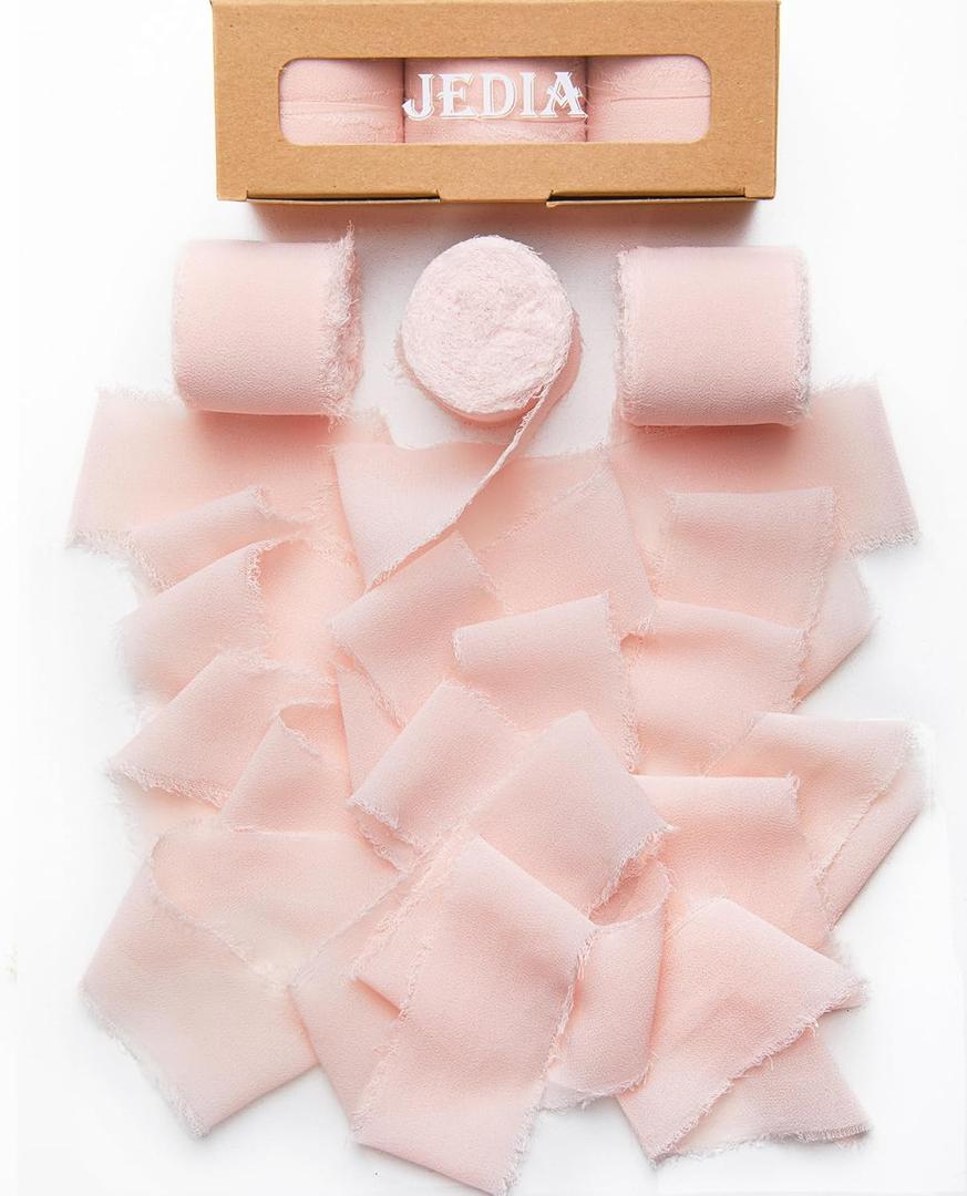 Mothers Day Ribbon, 3 Rolls 1 1/2 inch x 7Yd Blush Pink Flower Ribbon for Flower Bouquet/Gift Wrapping, Chiffon Ribbons for Crafts, Wedding, Bouquet Wrap, DIY Crafts (3 Rolls, 1.5*21YD)