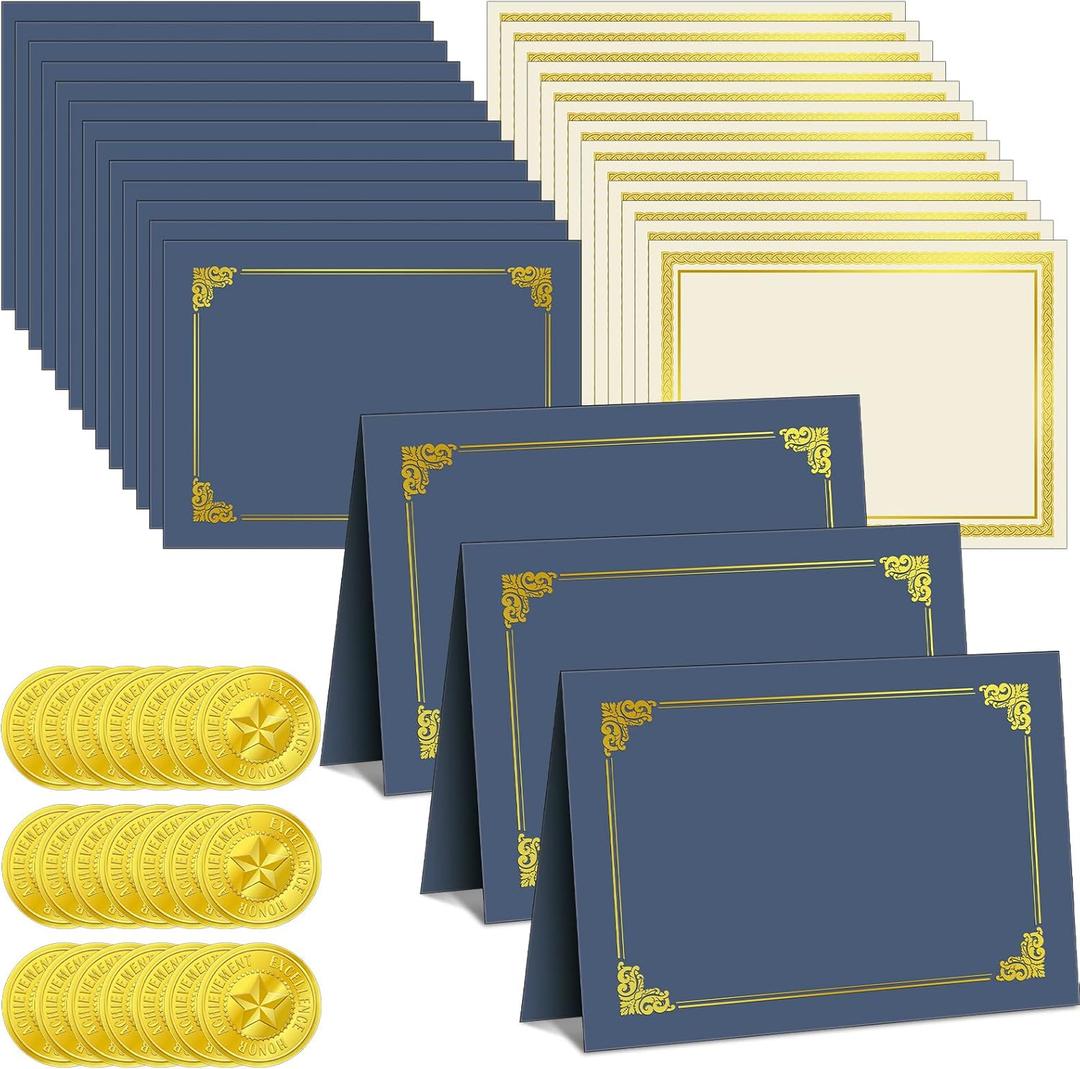 150 Pcs Certificate Kit Include 50 Pcs Certificate Holders Diploma Covers 50 Pcs Certificate Paper with Gold Foil Border and 50 Pcs Embossed Certificate Seal for Graduation, Achievement (Blue) (As Shown in the Picture)