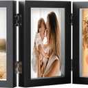 4x6 Triple Hinged Black Picture Frames Shadow Box MDF Wood with Real Glass 3 Vertical Opening Family Lover Gift