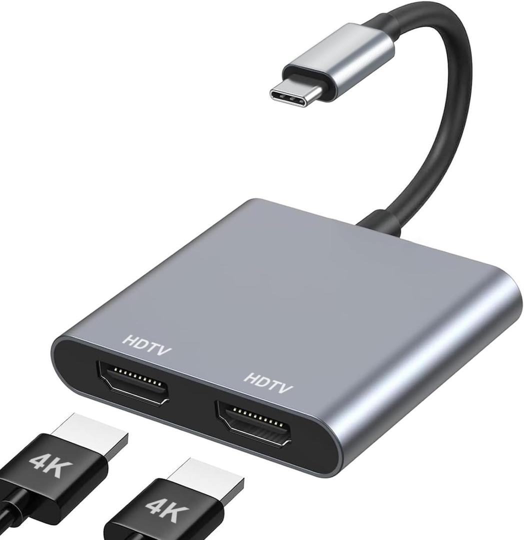 USB C to Dual HDMI Adapter 4K@60Hz, Type C to HDMI Splitter for Dual Monitors, USB C to Dual HDMI Hub Extended Display for MacBook Air/Pro,Dell XPS,HP,Surface,Chromebook (L)
