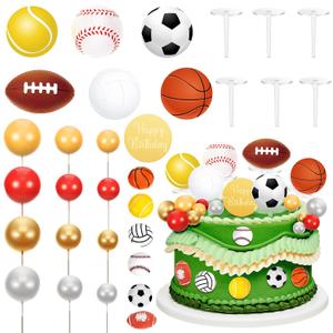 Taiyin 31 Pcs Sports Cake Toppers Sports Cake Decorations Football Basketball Soccer Ball Tennis Volleyball Baseball Cupcake Toppers for Men Themed Birthday Party Supplies Decor
