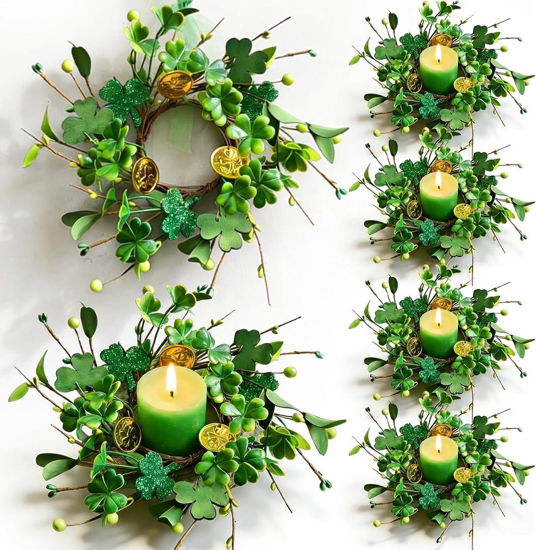 Valentine Candle Rings Wreaths Red Pink Wooden Heart Artificial Heart Berries Valentine's Day Candle Holder Rings Mini Wreaths Decor (6, Irish Gold Coin)