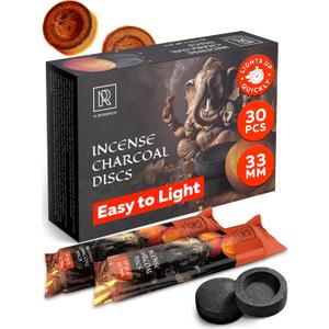Charcoal Discs to Burn Incense - 30 pcs Charcoal for Incense Burning - 33 mm Most Quick Light Coals Tablets by M. ROSENFELD - 33 mm Resin Burner Rolls  Pack of 30 Instant Fire Coal Tablets