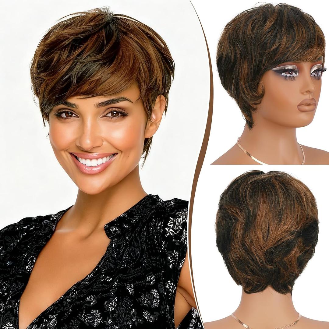 RUWISS Pixie Cut Wig Human Hair Short Wigs for Black Women with Bangs, Natural Layered Wig, Glueless, 1B/30#