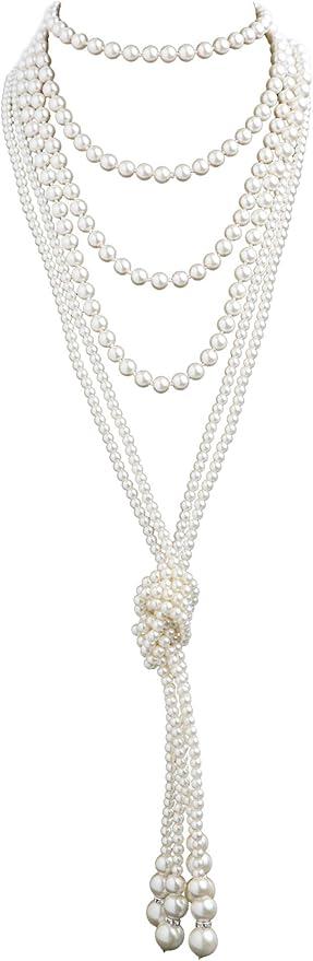 Cizoe Women's 1920S Pearls Necklace Fashion Faux Pearls Gatsby Accessories Vintage Costume Jewelry One Size B A Knot Pearl Necklace*2 + 59" Necklace*1 White 