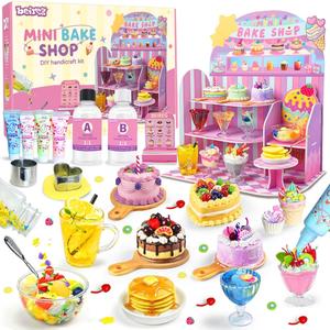 Mini Bake Shop DIY Toy Set, Making 14Pcs Pretend Desserts & Cakes, Resin & Clay Kitchen Play Kit, Scene Display Creativity & STEM Party Gift, Craft Kit for Kids Girls Boys Ages 8+