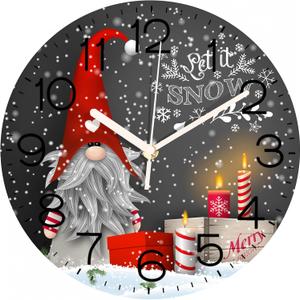 Emvency Christmas Wooden Wall Clock Battery Operated Silent Non-Ticking, Winter Grey Gnomes Decorative Wall Clocks for School Kindergarten Kids Room Living Room(12 Inch)