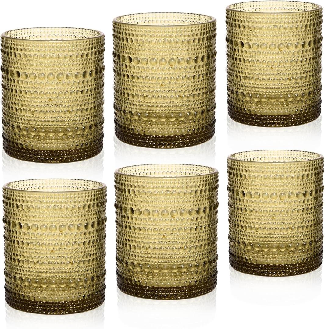 Cocktail Glasses 10 oz Hobnail Drinking Glasses Set of 6, Vintage Glassware, Textured Glass Cups Bubble Glasses Water Glasses Old Fashion Jupiter Glasses Set, Green
