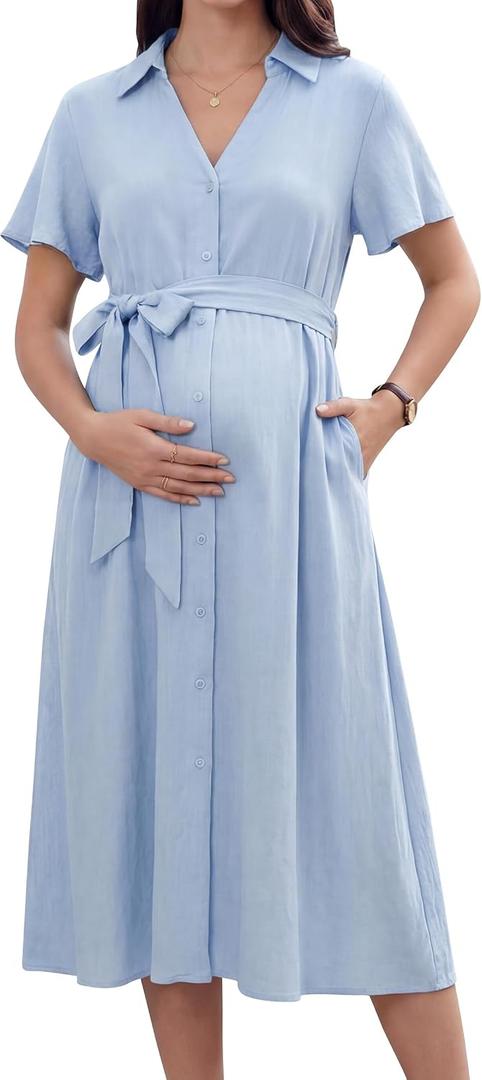OUGES Women's Summer Maternity Dress Collar V Neck Button Down Tie Waist Casual Midi Dresses with Pockets 2026 (Blue, M)