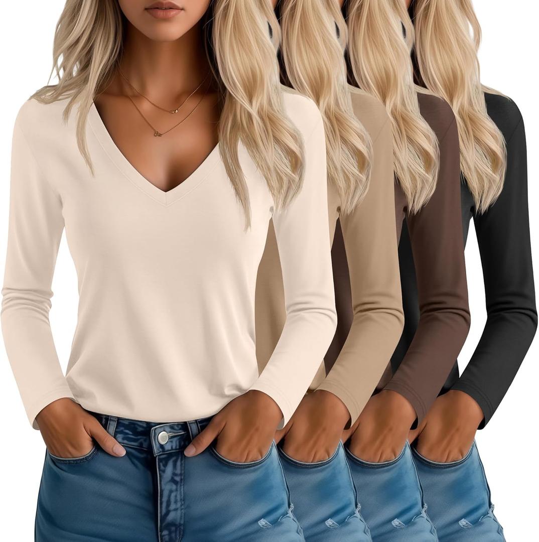 Neer 4 Pack Women's T-Shirts V Neck Long Sleeve Casual Tops Loose Fit Basic Layering Shirts Straight Hem Plain Soft Tees (Large, Apricot, Khaki, Brown, Black)