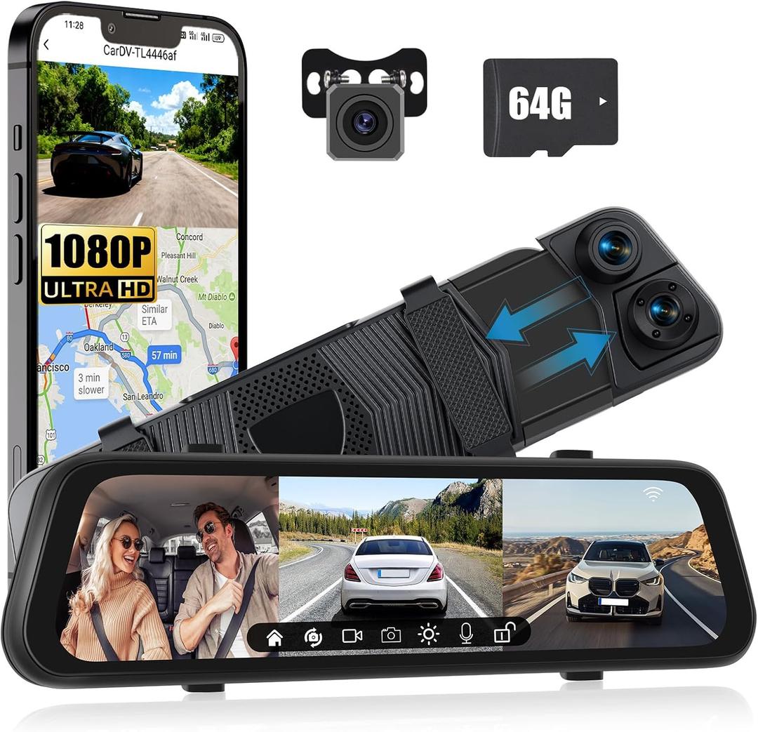 1080P Mirror Dash Cam 9.66 Inch 3 Channel Front Rear Inside View Mirror Camera Triple Mirror Dash Cam Night Vision,G-Sensor,Parking Assistance,APP Control,24H Parking Monitor,Waterproof Backup Camera