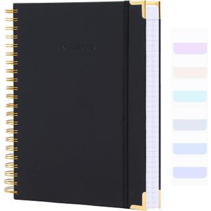 Spiral Notebook, College Ruled Notebook Journal, 8.5” x 11”, 300 Pages Leather Writing Journal for Women Men, A4 Hardcover Notebook for Work School, 24pcs Index Tabs, Black