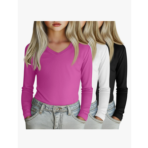 3 Pack Girl's Long Sleeve Shirts, Soft V Neck Kids Tops Fall Loose Fit Basic Tee Casual T Shirts, Size 7-8y