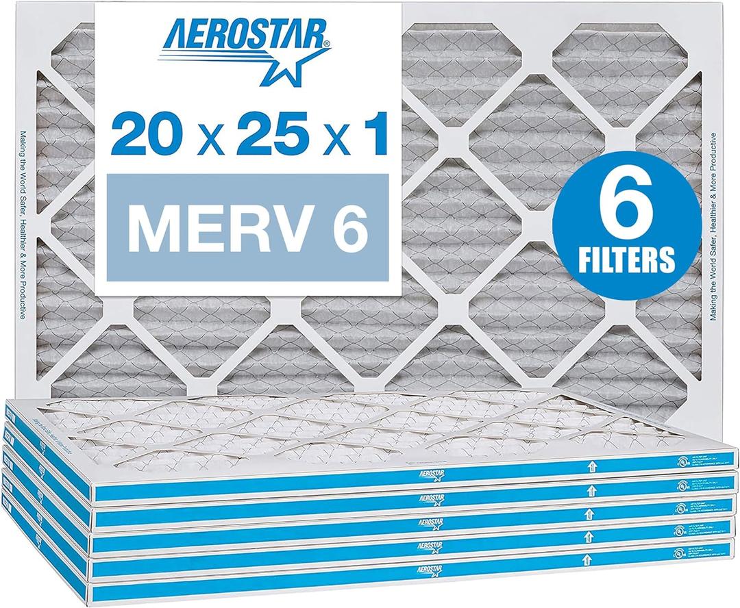 Aerostar 20x25x1 MERV 6 Pleated Air Filter, AC Furnace Air Filter, 6 Pack (Actual Size: 19 3/4"x24 3/4"x3/4")