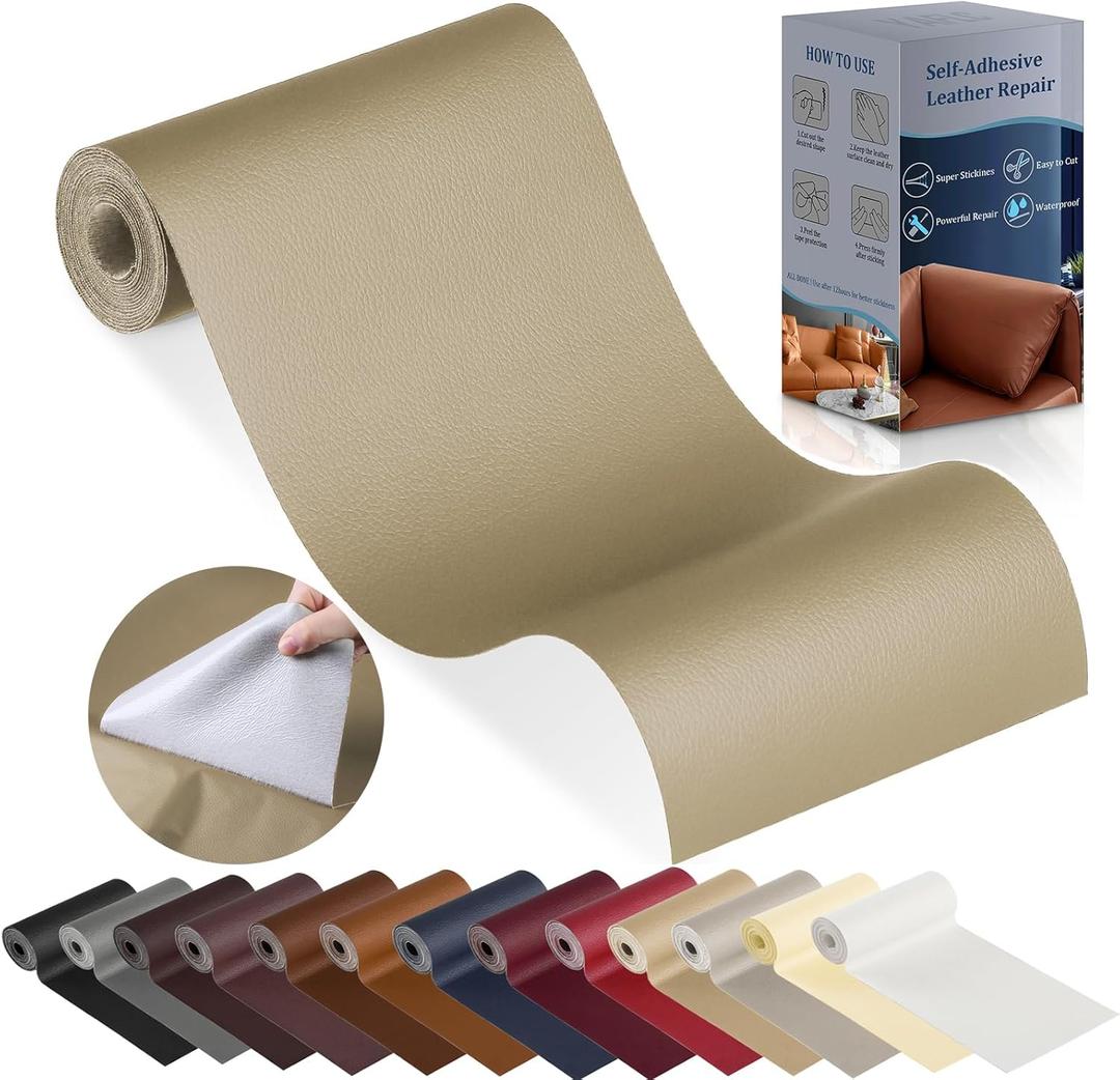 YAFLC Leather Repair Patch for Furniture, 4" x 63" Self Adhesive Leather Repair Kit Vinyl Repair Tape for Car Seat Sofa Jackets Couches Chair Medium Beige