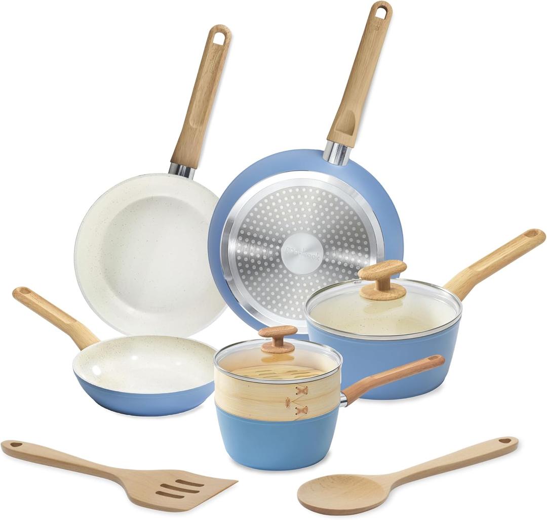 r GoodCook 10-Piece Healthy Ceramic Titanium-Infused Cookware Set, Light Blue Pots, Pans, Steamer, Spoon & Turner Induction Cookware, Kitchen Pots & Pans Set, Nonstick Cooking Pan Set, Light Blue