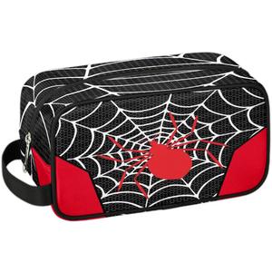 Boys Travel Toiletry Bag, Black Web Kids Waterproof Hanging Dopp Kit, Wash Bag with Large Capacity for Travel, Sports, Shower