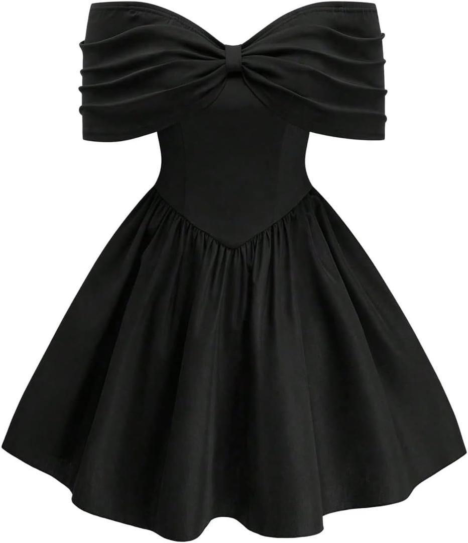 SOLY HUX Women's Plus Size Off the Shoulder Short Dress Ruched A Line Flared Short Sleeve Cocktail Party Club Dresses (Black, XXXL)