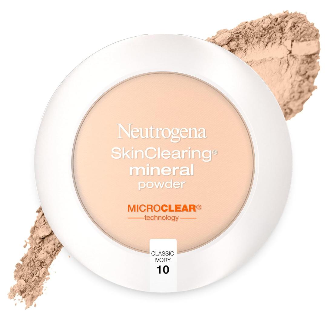 Neutrogena SkinClearing Mineral Acne-Concealing Pressed Powder Compact, Shine-Free & Oil-Absorbing Makeup with Salicylic Acid to Cover, Treat & Prevent Breakouts, Classic Ivory 10,.38 oz