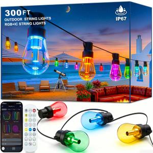 300FT RGB+IC Outdoor String Lights, Dimmable Shatterproof LED Bulbs, IP67 Waterproof DreamColor Chasing Lights, Multicolor Dynamic Lighting for Patio Balcony Garden & Outdoor Living Area Decoration