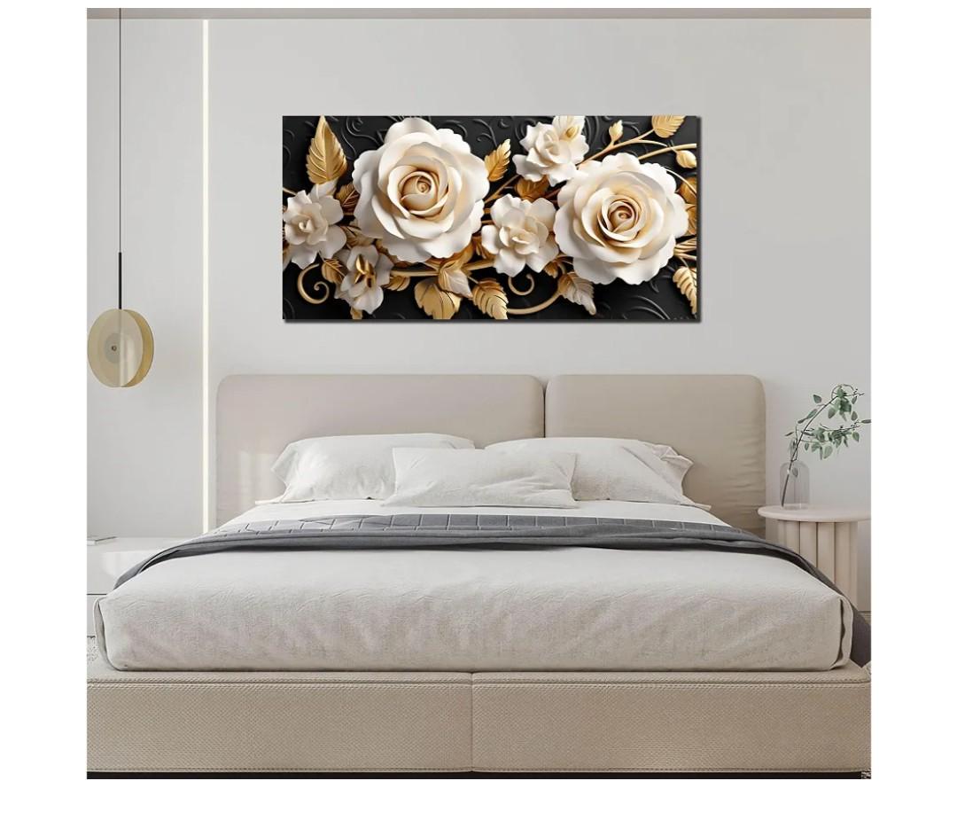 Flower Large Canvas Wall Art for Living Room Bedroom Home Office White and Gold Wall Art Blossom Picture Framed Wall Decor Modern Canvas Prints 20x40 In