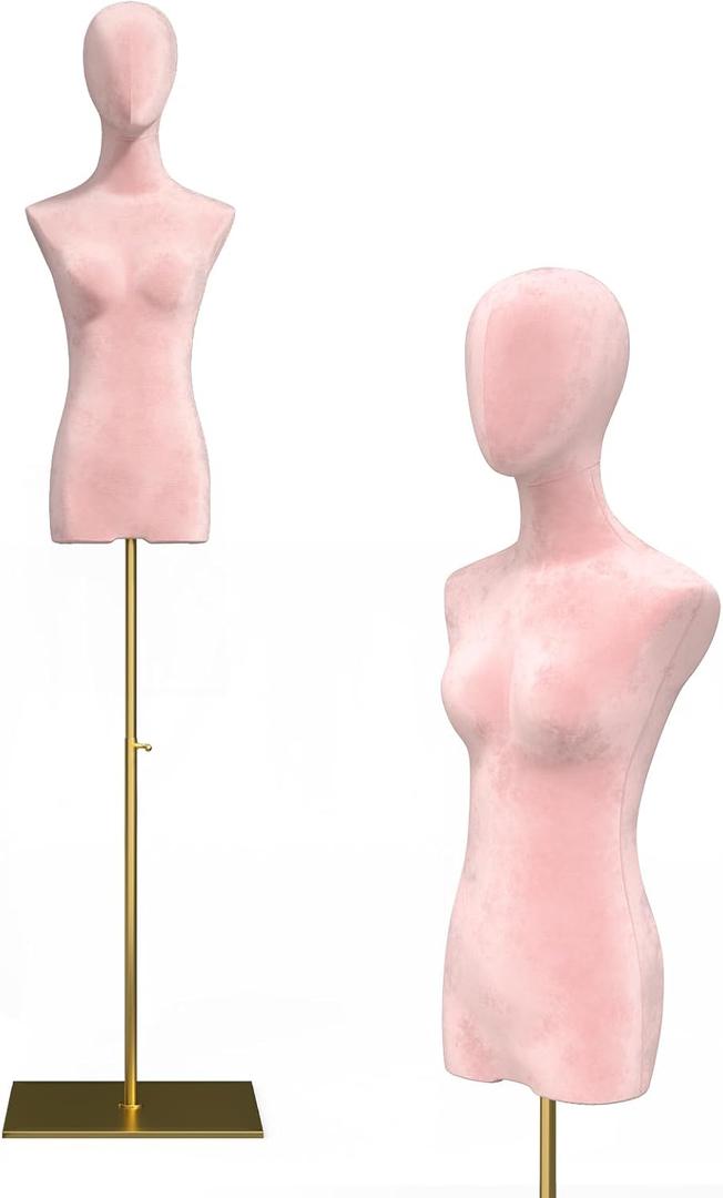 Female Dress Form, Pink Velvet Mannequin Body with Metal Stand, Detachable Dress Form for Retail Clothing Shops, Trade Shows, Online Boutiques, Craft Shows, Jewelry Display, Height Adjustable